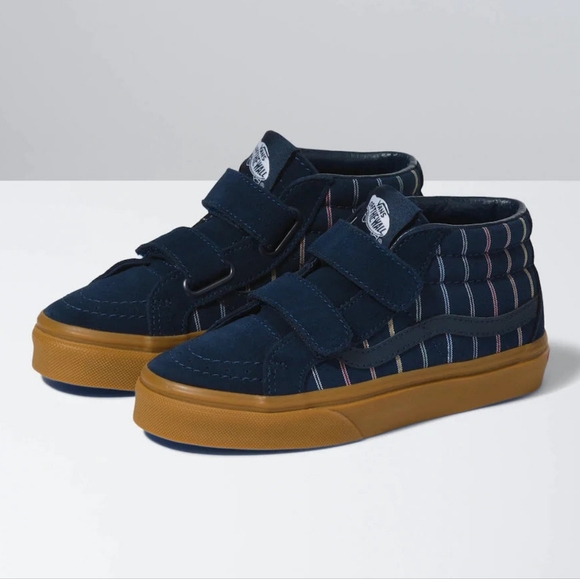 VANS Sk8 Kid Shoes Mid Size 6 Blue Suede Tan Soles 2 Velcros - Picture 2 of 10